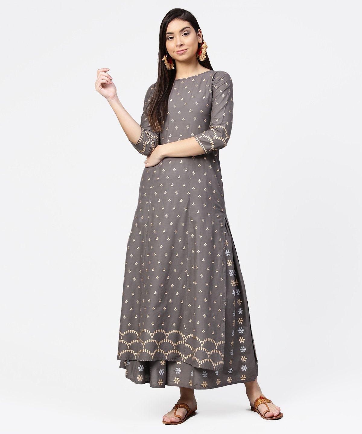 Women's Grey Printed Half Sleeve Cotton Ankle Length Kurta With Flared Ankle Length Skirt - Nayo Clothing