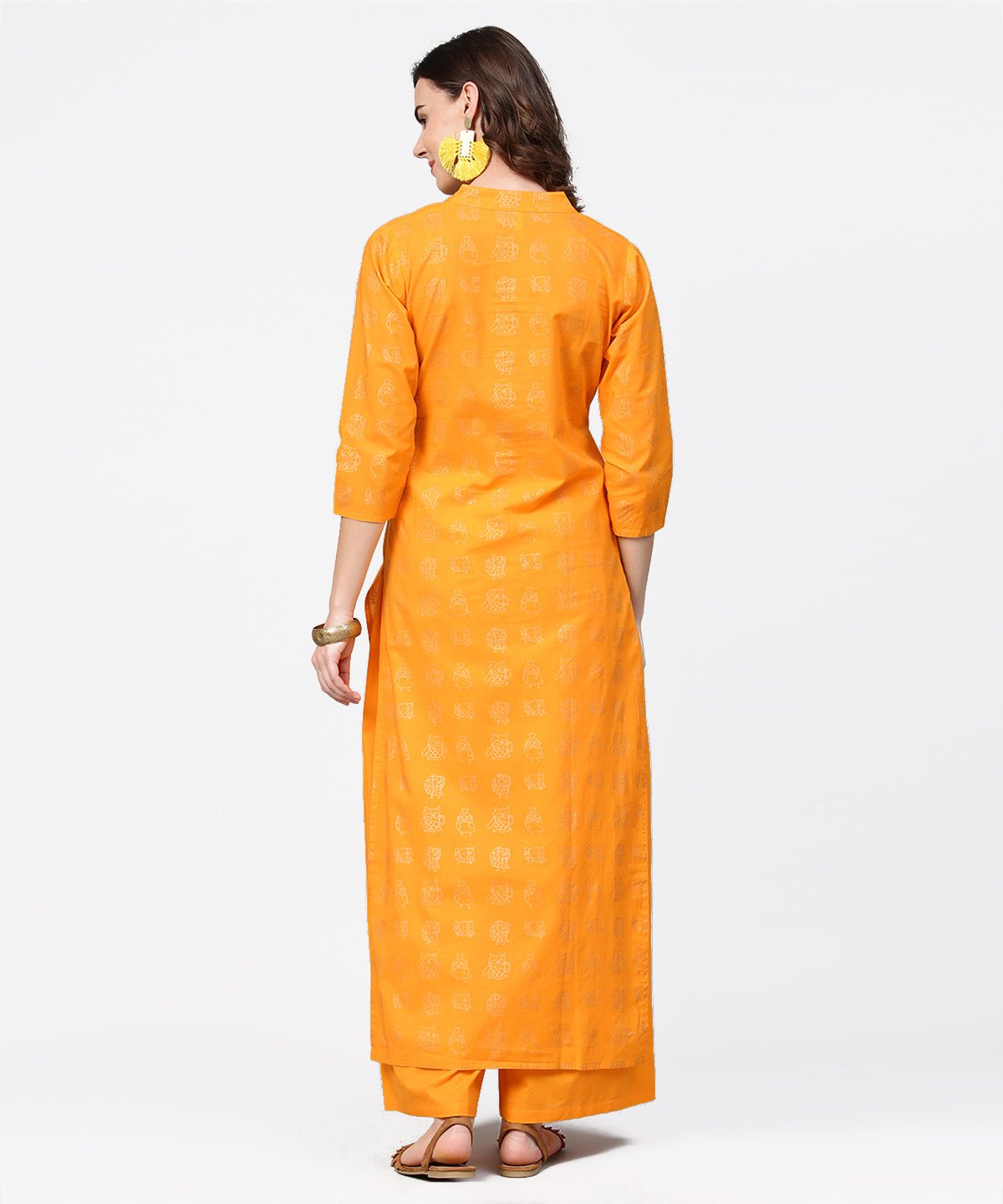 Women's Yellow 3/4Th Sleeve Printed Straight Kurta With Flared Ankle Length Pallazo - Nayo Clothing