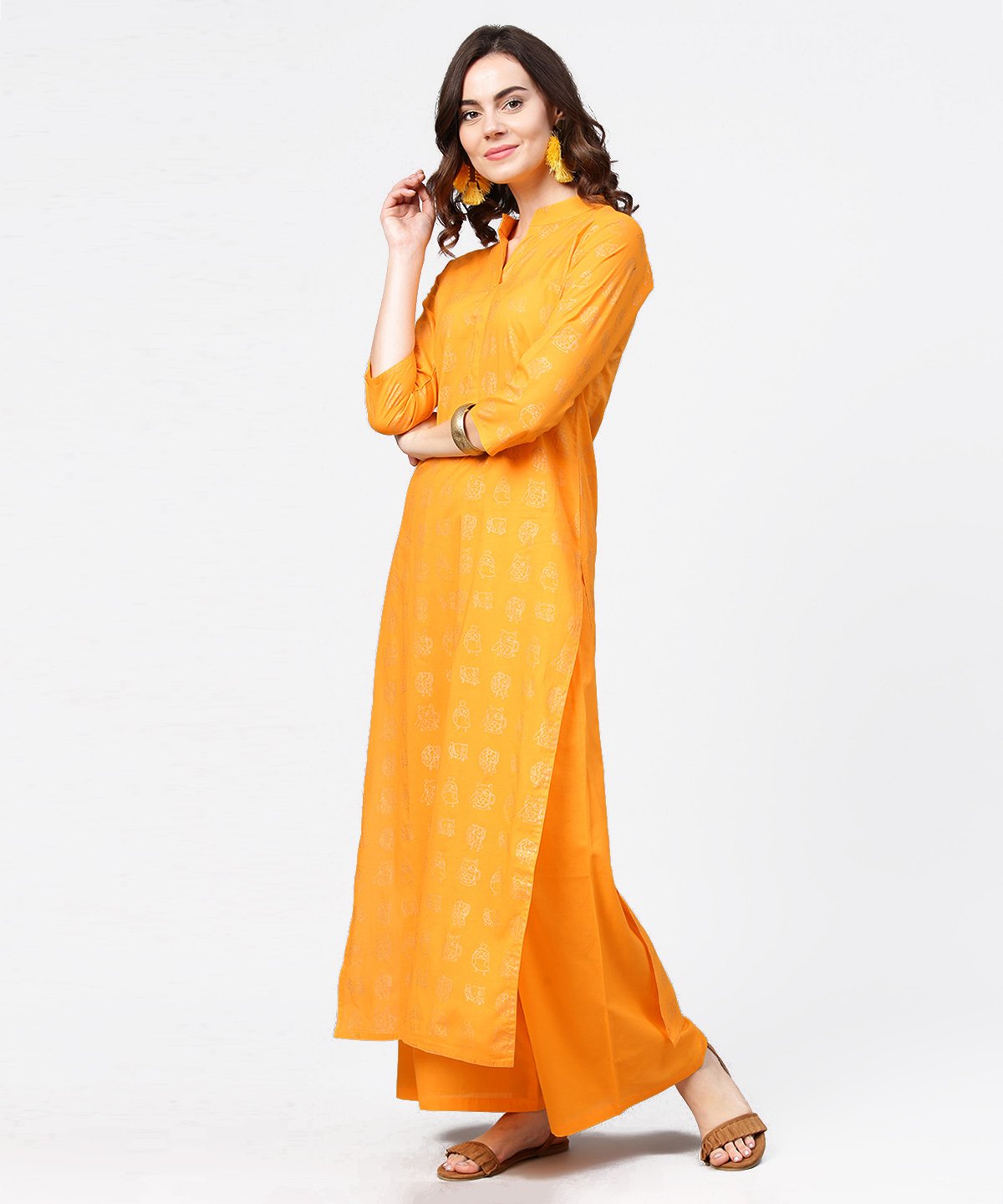 Women's Yellow 3/4Th Sleeve Printed Straight Kurta With Flared Ankle Length Pallazo - Nayo Clothing