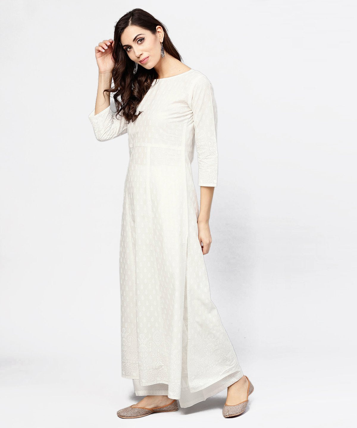 Women's Off White Printed 3/4Th Sleeve Cotton Kurta With Ankle Length Palazzo - Nayo Clothing