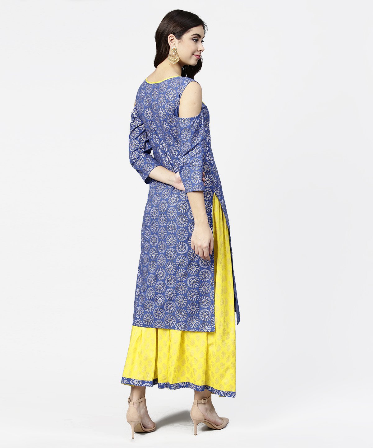 Women's Blue Printed 3/4Th Cold Shoulder Sleeve Kurta With Yellow Flared Skirt - Nayo Clothing