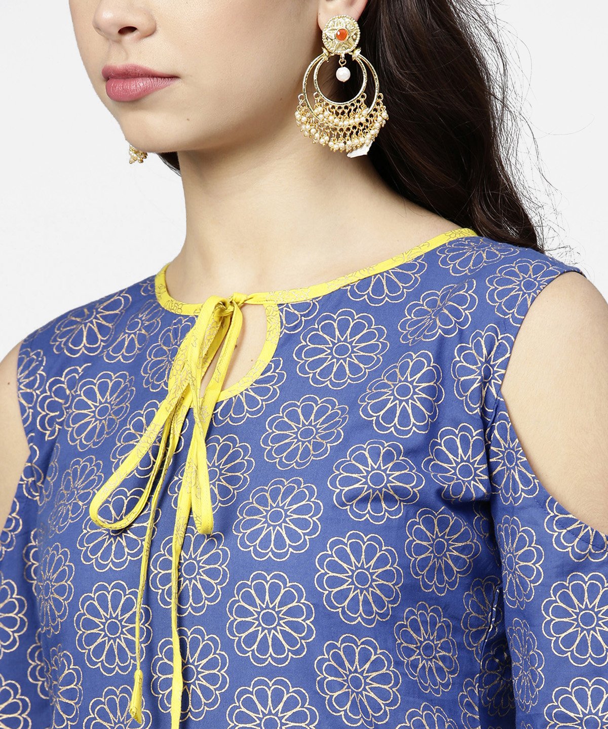 Women's Blue Printed 3/4Th Cold Shoulder Sleeve Kurta With Yellow Flared Skirt - Nayo Clothing
