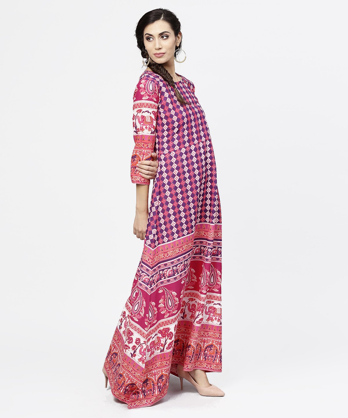 Women's Red Printed 3/4Th Sleeve Cotton Floor Length Kurta - Nayo Clothing