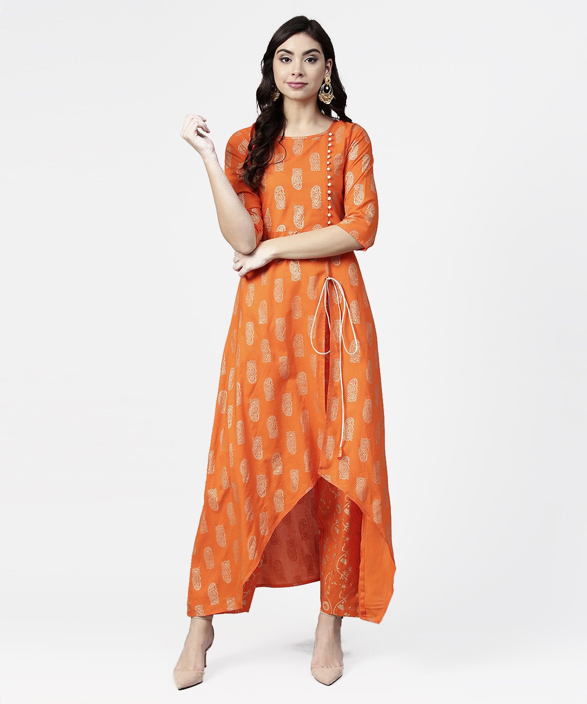 Women's Orange Printed 3/4Th Sleeve Assymetric Kurta With Ankle Length Pant - Nayo Clothing