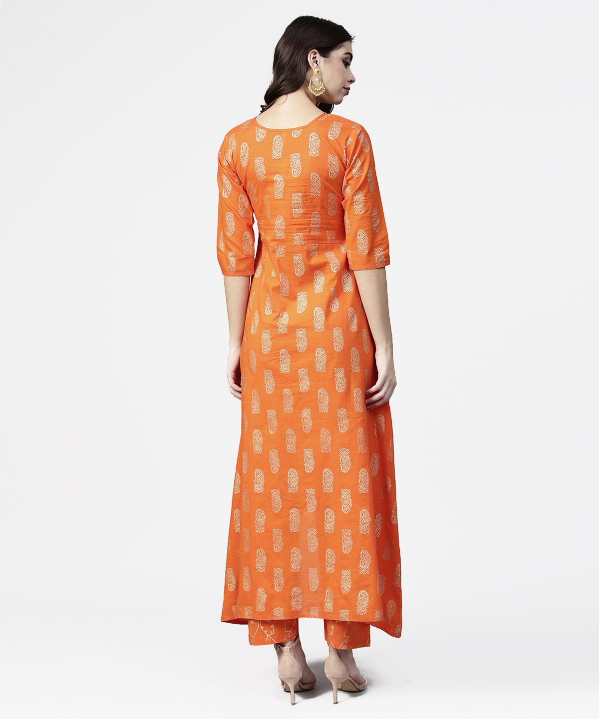 Women's Orange Printed 3/4Th Sleeve Assymetric Kurta With Ankle Length Pant - Nayo Clothing