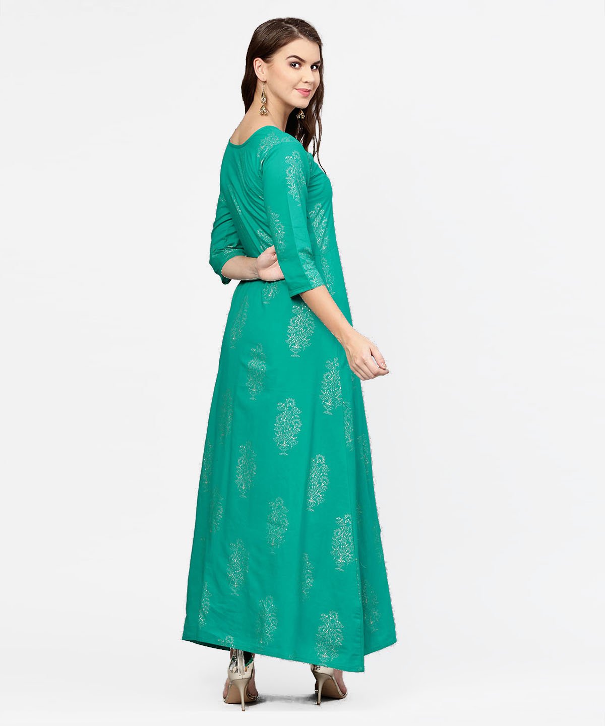 Women's Green 3/4Th Sleeve Cotton Assymetric Kurta With Black Printed Skirt - Nayo Clothing