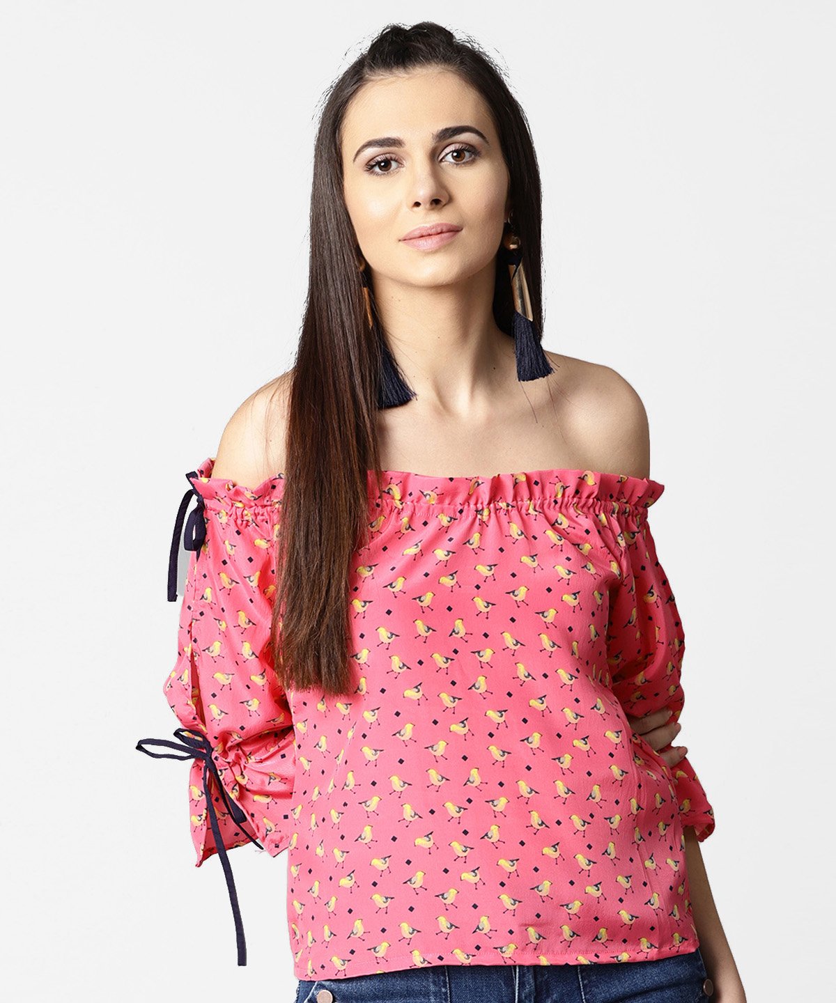 Women's Pink Printed Half Sleeve Top With Adjustable Drawstrings Neckline - Nayo Clothing