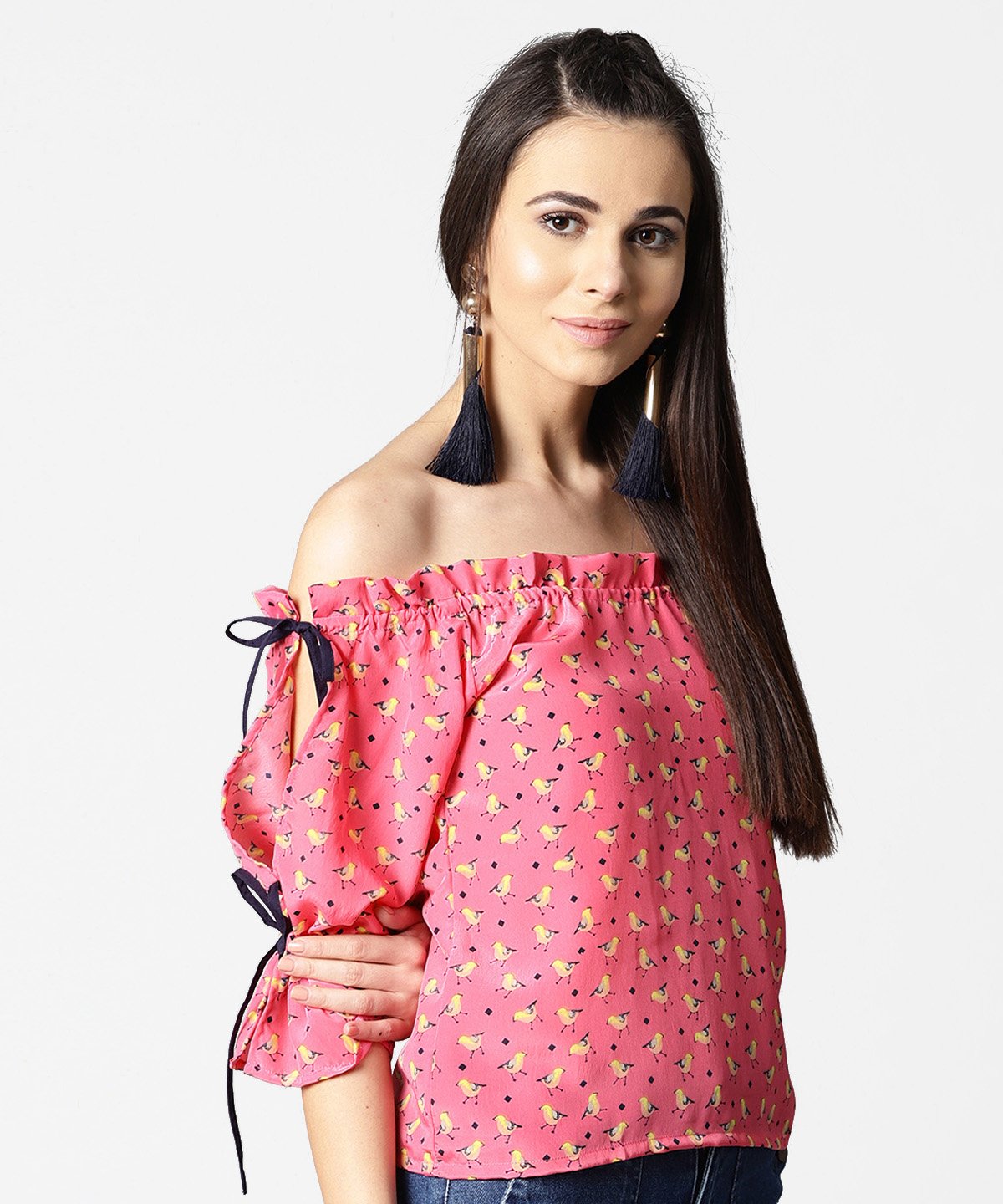 Women's Pink Printed Half Sleeve Top With Adjustable Drawstrings Neckline - Nayo Clothing