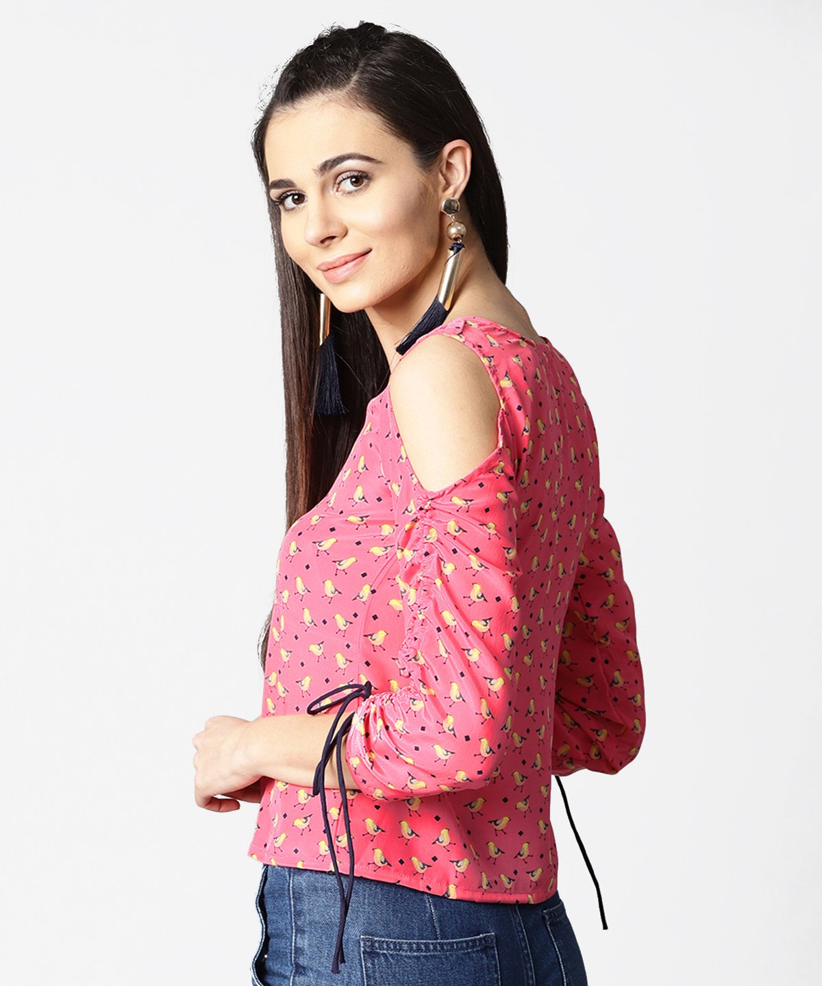 Women's Pink Printed Cold Shoulder Top With Key Hole Neck & Adjustable Drawstrings Gathered Sleeves - Nayo Clothing