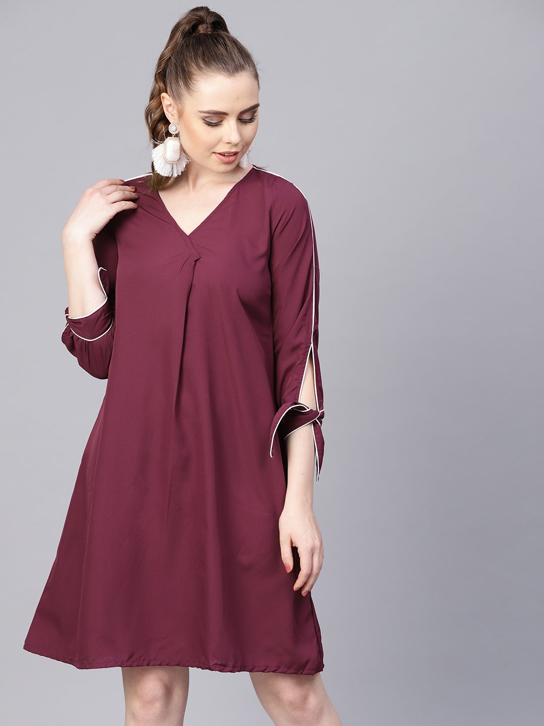 Women's Burgundy A-Line Dress With Knot Style Sleeves - Nayo Clothing