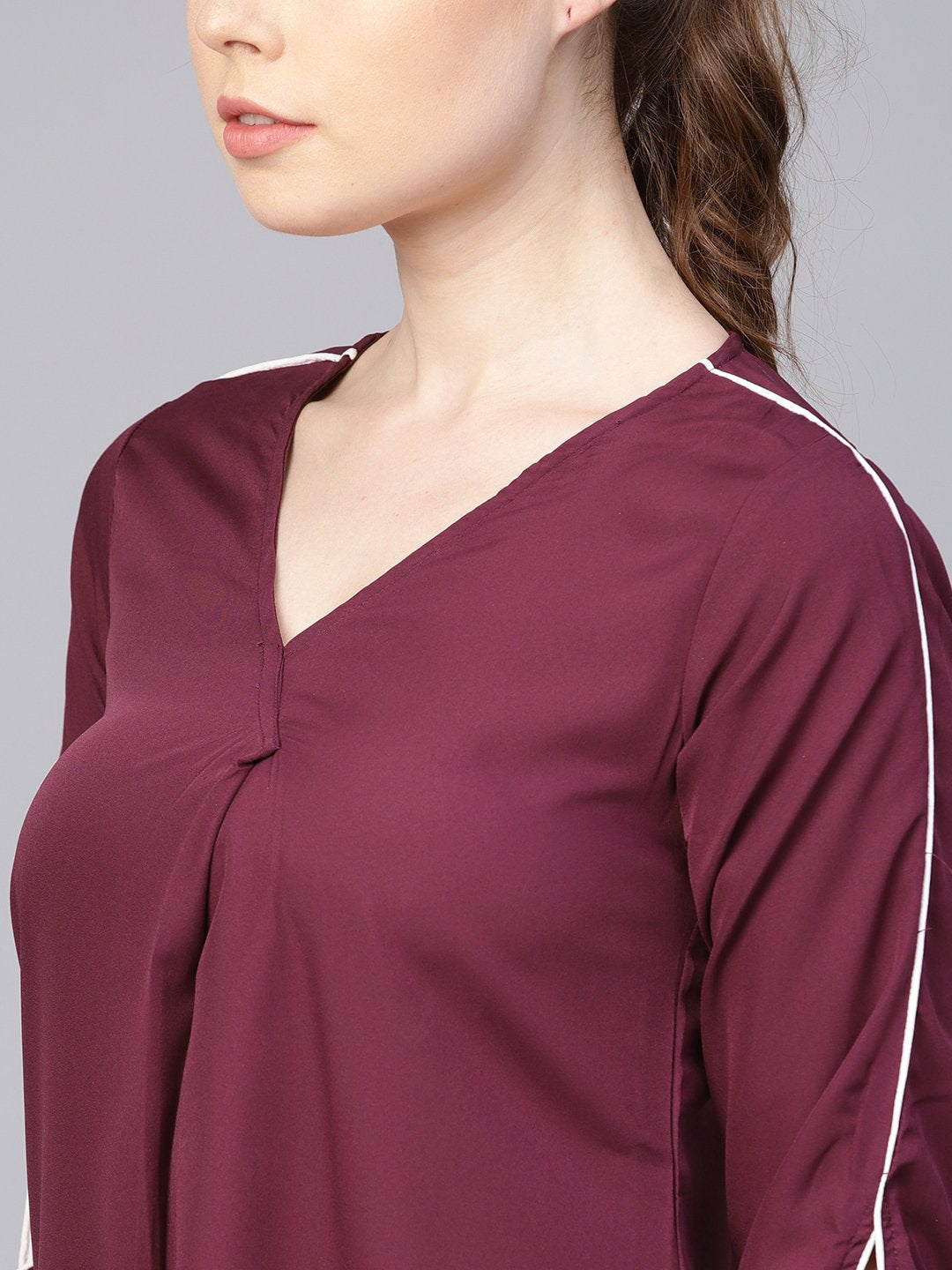 Women's Burgundy A-Line Dress With Knot Style Sleeves - Nayo Clothing