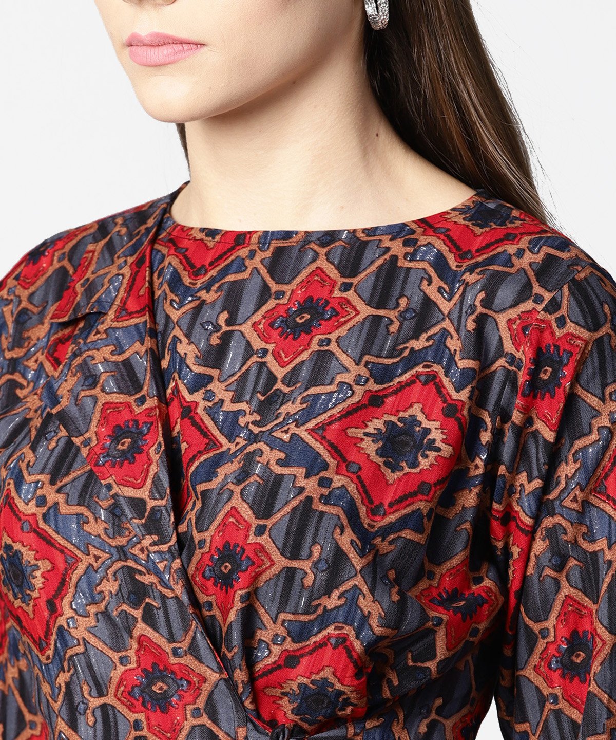 Women's Blue & Red Printed Full Sleeve Tops - Nayo Clothing