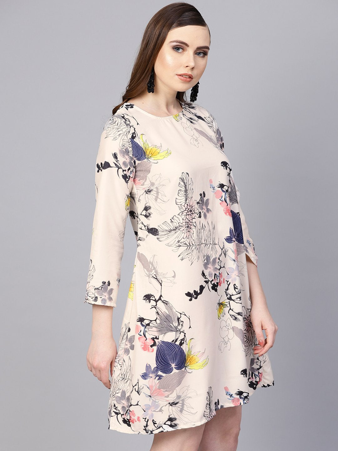 Women's Off White Printed 3/4Th Sleeve A-Line Dress - Nayo Clothing