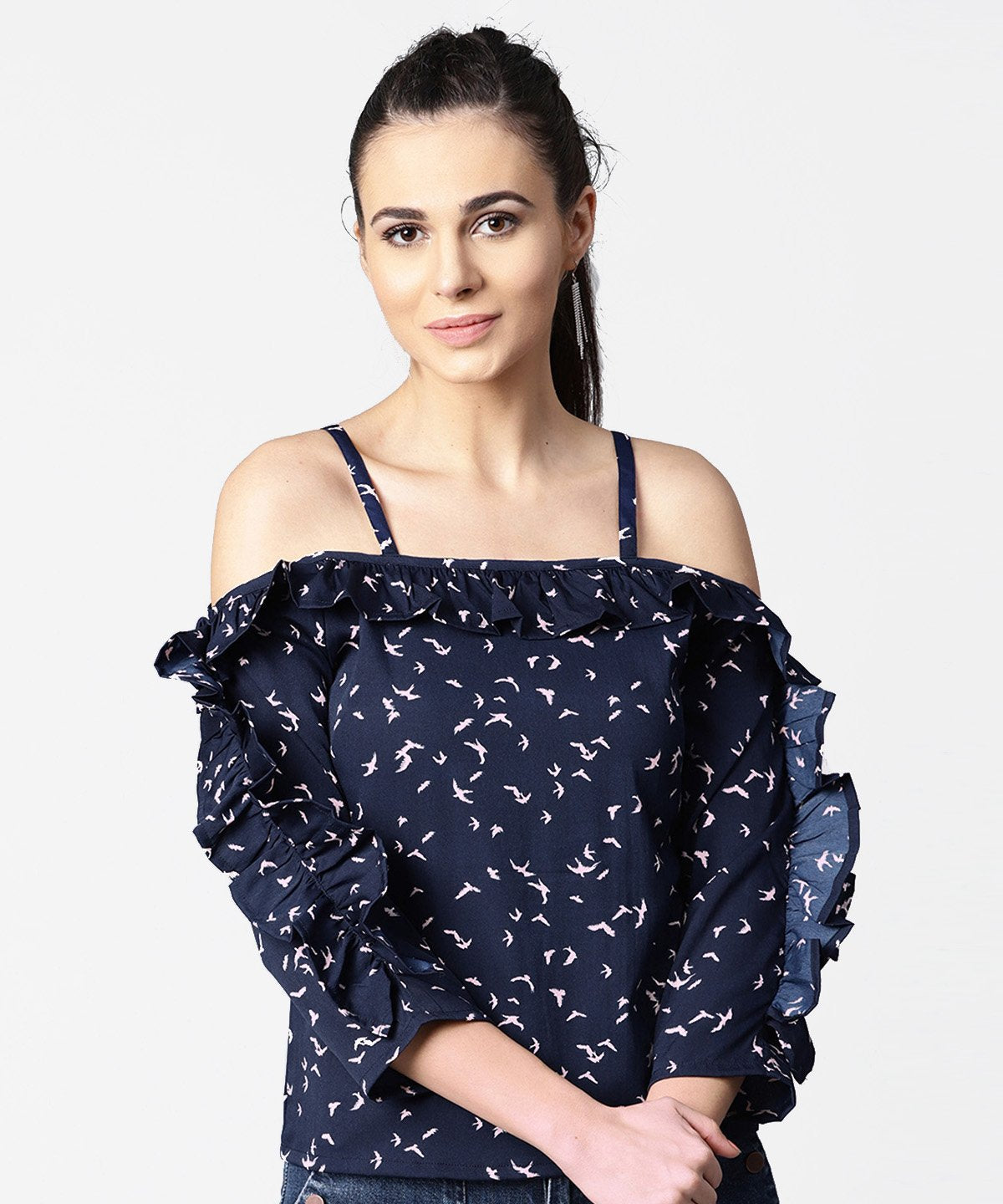 Women's Cold Shoulder Navy Blue Printed Draw String Top With Ruffled Neck & Sleeve - Nayo Clothing