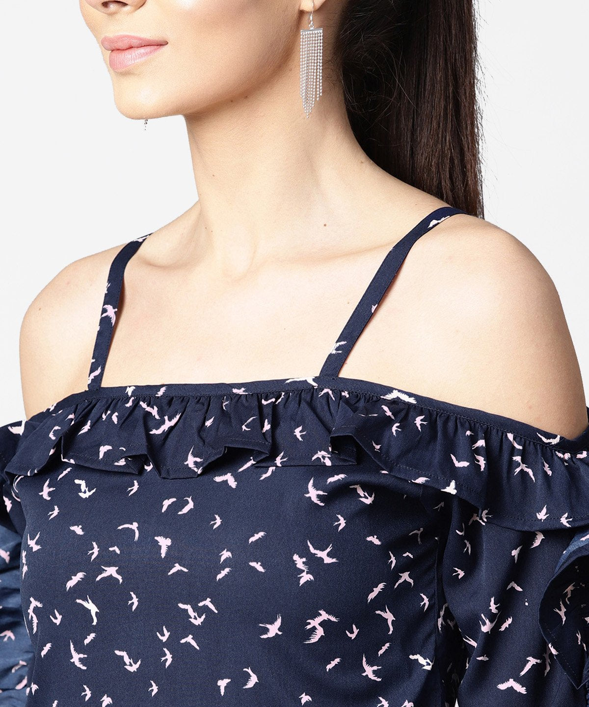 Women's Cold Shoulder Navy Blue Printed Draw String Top With Ruffled Neck & Sleeve - Nayo Clothing