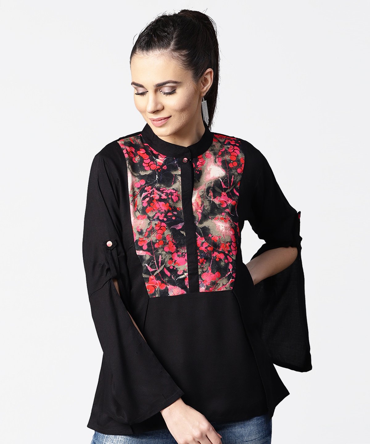 Women's Black Full Sleeve Rayon Tops With Printed Yoke - Nayo Clothing