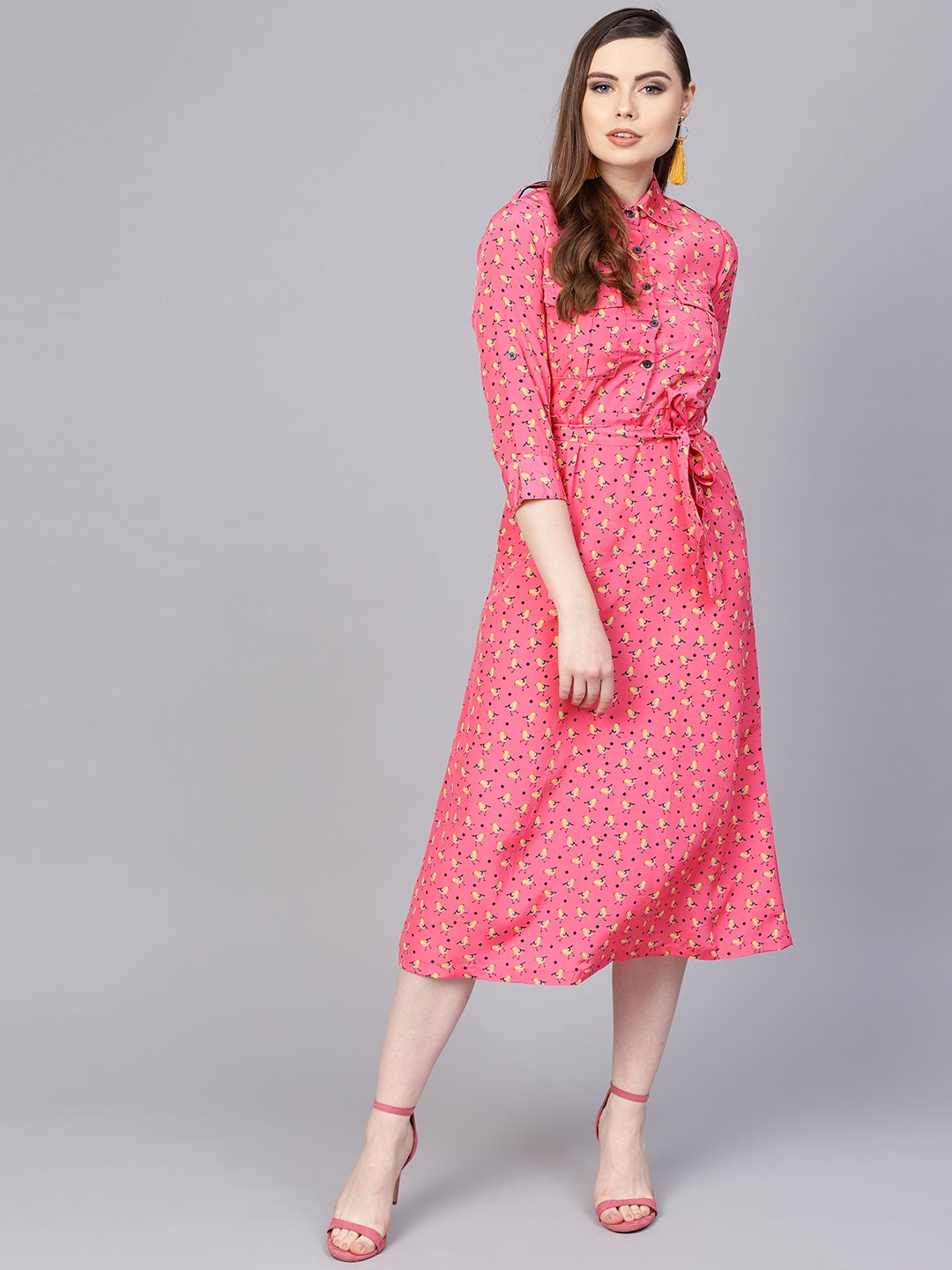 Women's Pink 3/4Th Sleeve A-Line Dress With Belt - Nayo Clothing
