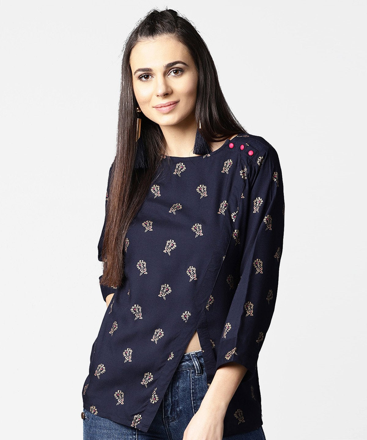 Women's Navy Blue Full Sleeve Rayon Tops With Side Slit - Nayo Clothing
