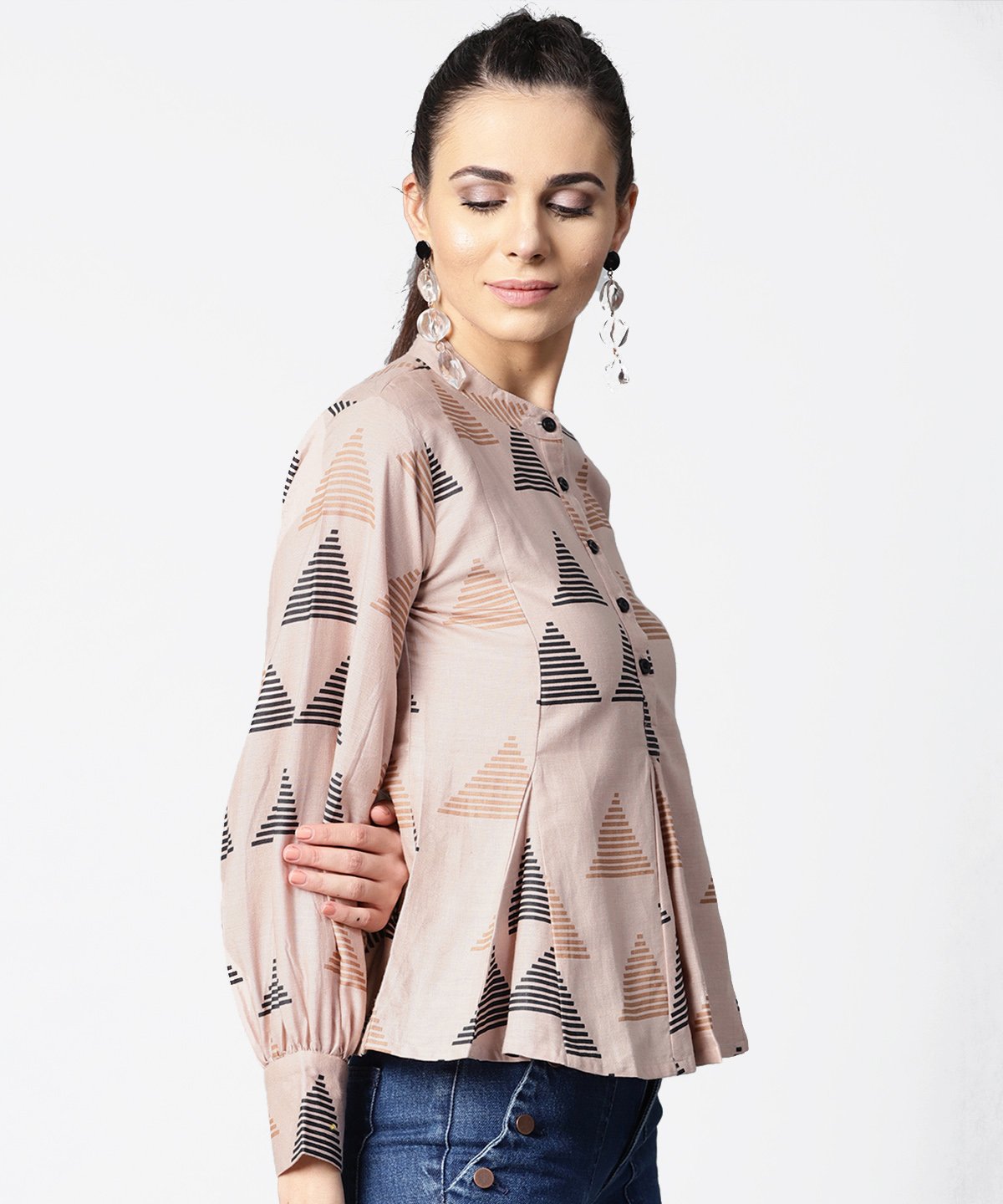 Women's Beige Full Sleeve Tops With Button At Yoke - Nayo Clothing