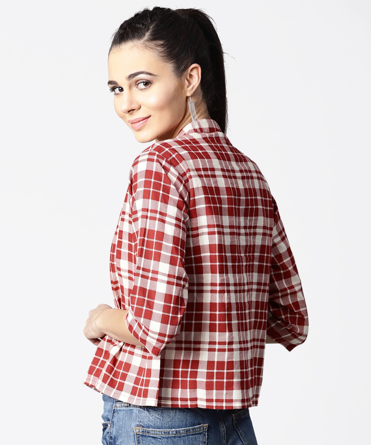 Women's Red Checked 3/4Th Sleeve Cotton Crop Tops - Nayo Clothing