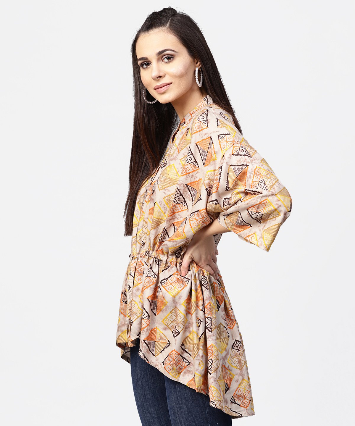 Women's Beige Printed Short Flared Sleeve Rayon Tunic - Nayo Clothing