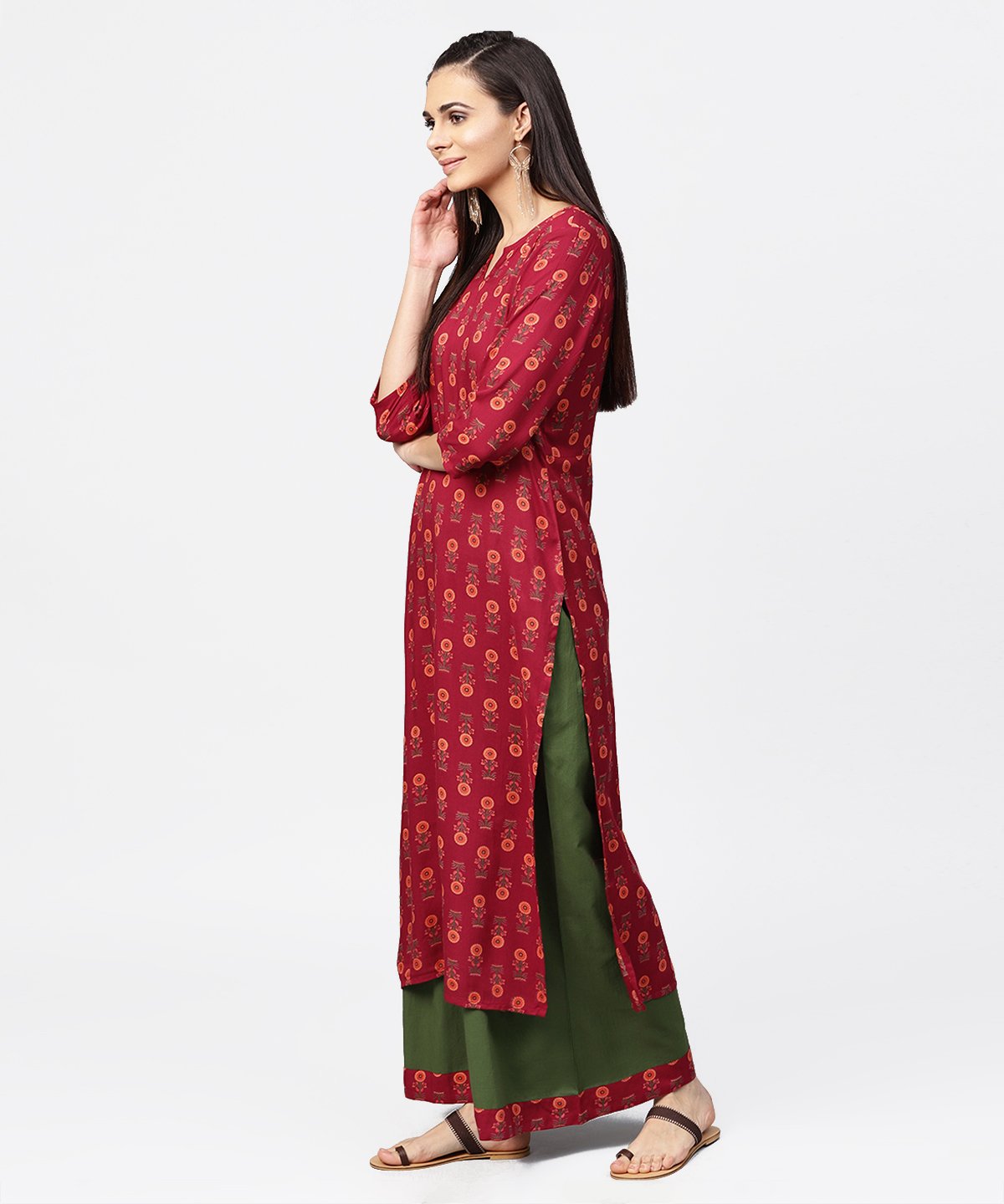 Women's Maroon Printed 3/4Th Sleeve Cotton Kurta With Green Ankle Length Palazzo - Nayo Clothing