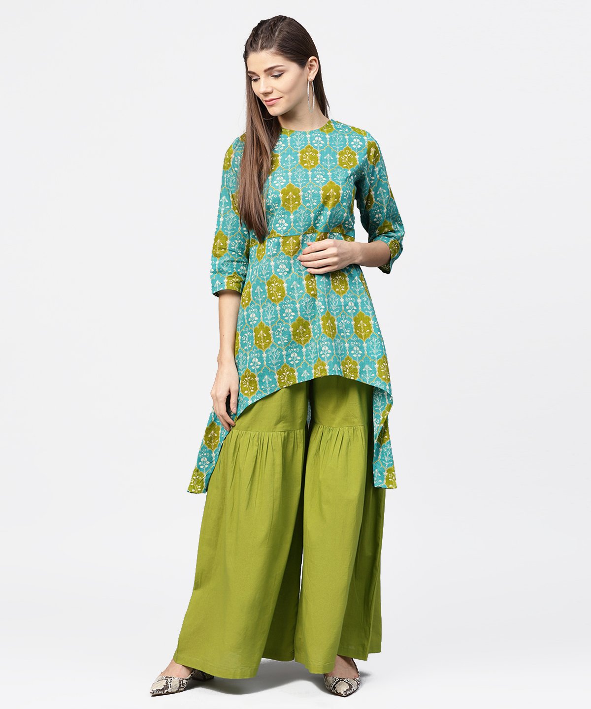 Women's Green Printed 3/4Th Sleeve Cotton High Low Kurta With Green Sharara - Nayo Clothing
