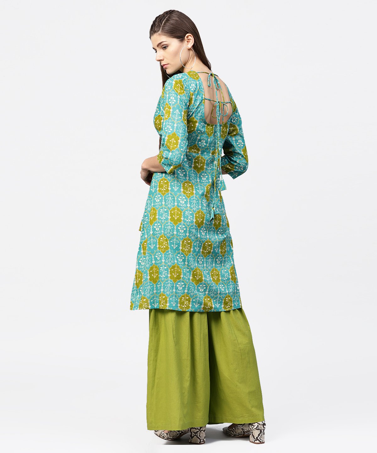 Women's Green Printed 3/4Th Sleeve Cotton High Low Kurta With Green Sharara - Nayo Clothing