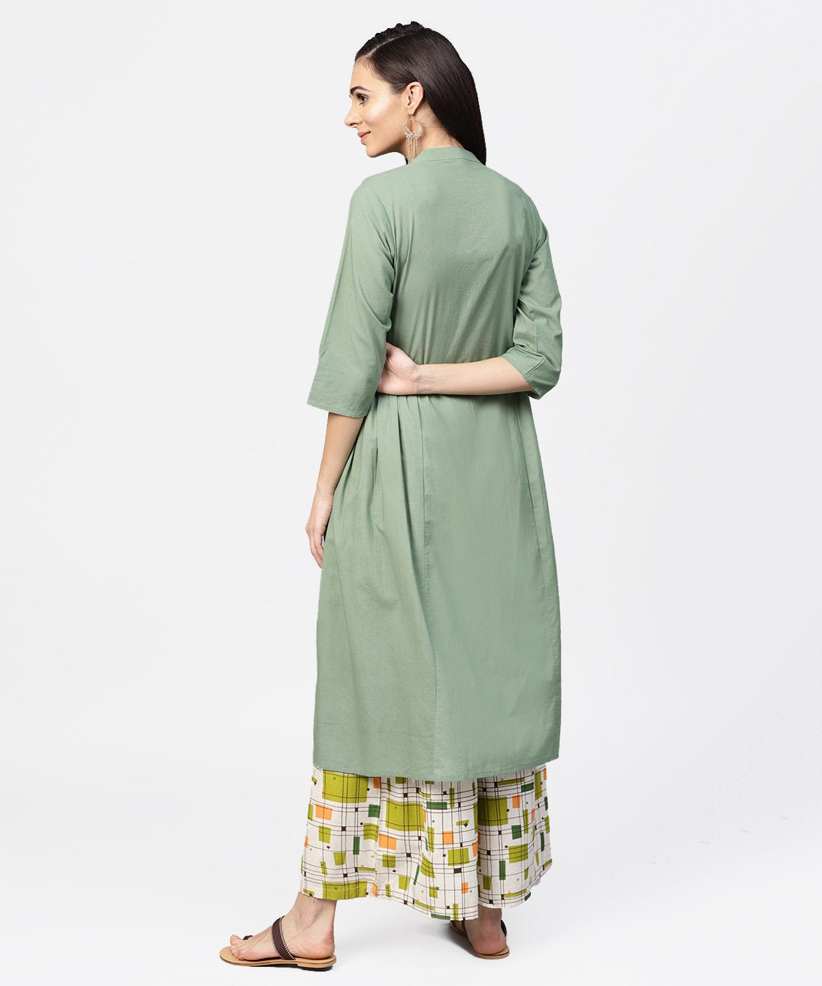 Women's Dark Green Solid 3/4Th Sleeve Cotton A-Line Kurta - Nayo Clothing