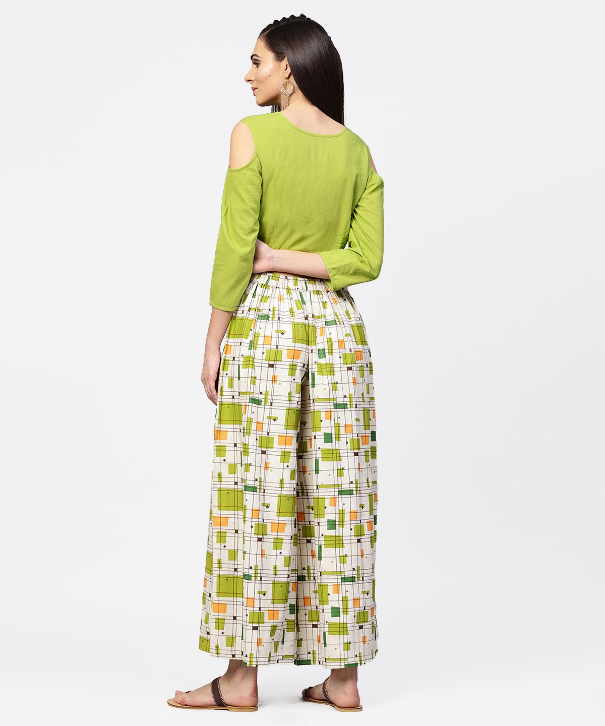 Women's Green 3/4Th Cold Shoulder Sleeve Crop Top With Ankle Length Printed Palazzo - Nayo Clothing