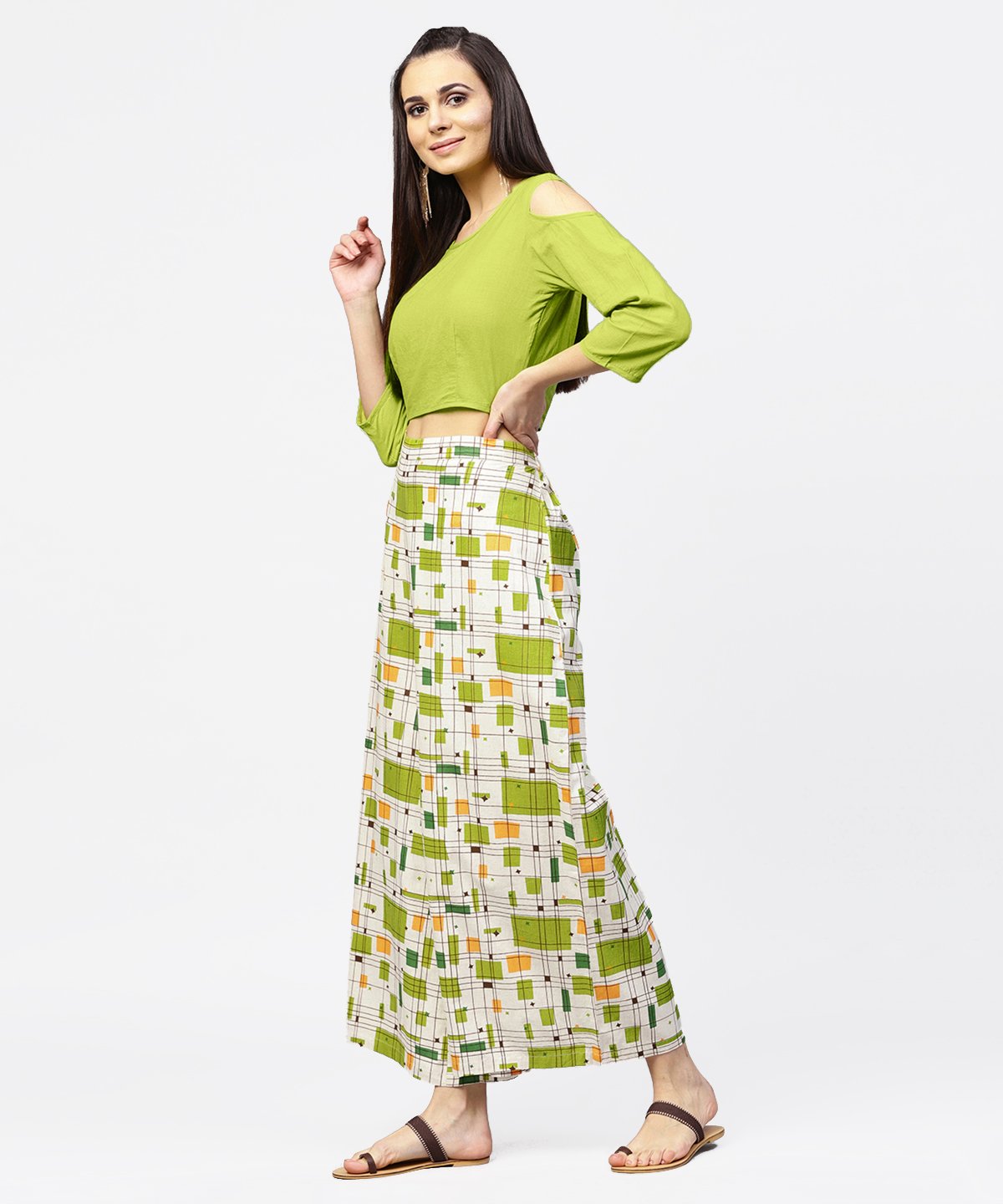 Women's Green 3/4Th Cold Shoulder Sleeve Crop Top With Ankle Length Printed Palazzo - Nayo Clothing