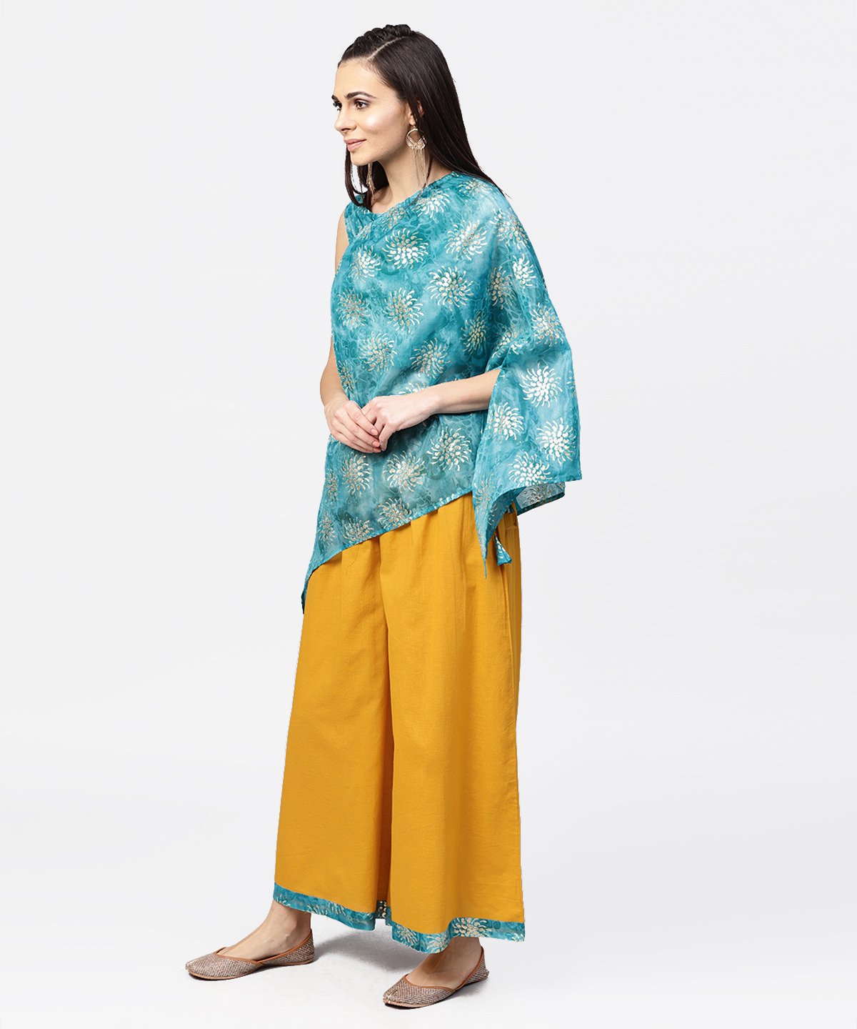 Women's Blue Boho Poncho Style Tops With Yellow Ankle Length Palazzo - Nayo Clothing