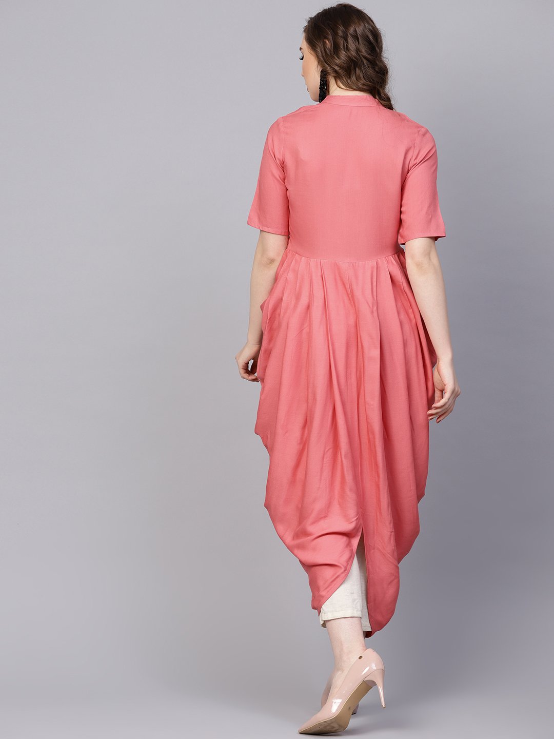 Women's Pink Rayon Half Sleeves Cowl Kurta With Front Placket & Madarin Collar - Nayo Clothing