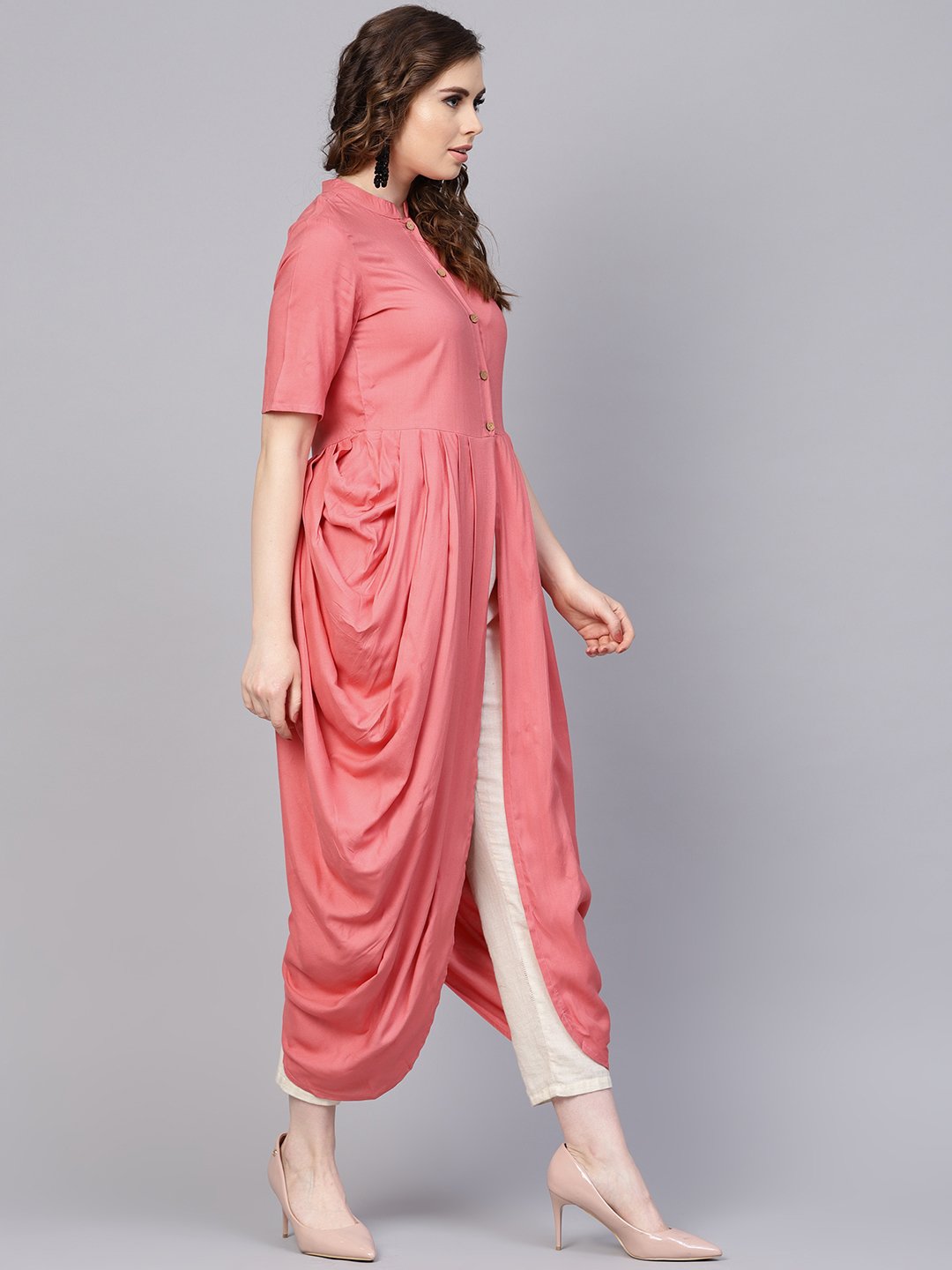 Women's Pink Rayon Half Sleeves Cowl Kurta With Front Placket & Madarin Collar - Nayo Clothing