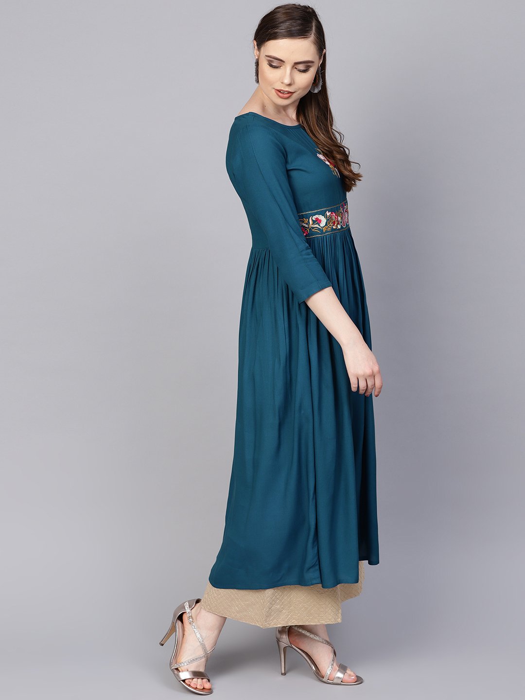 Women's Rayon Teal Blue Embroidered Kurta With Round Neck & 3/4 Sleeves - Nayo Clothing