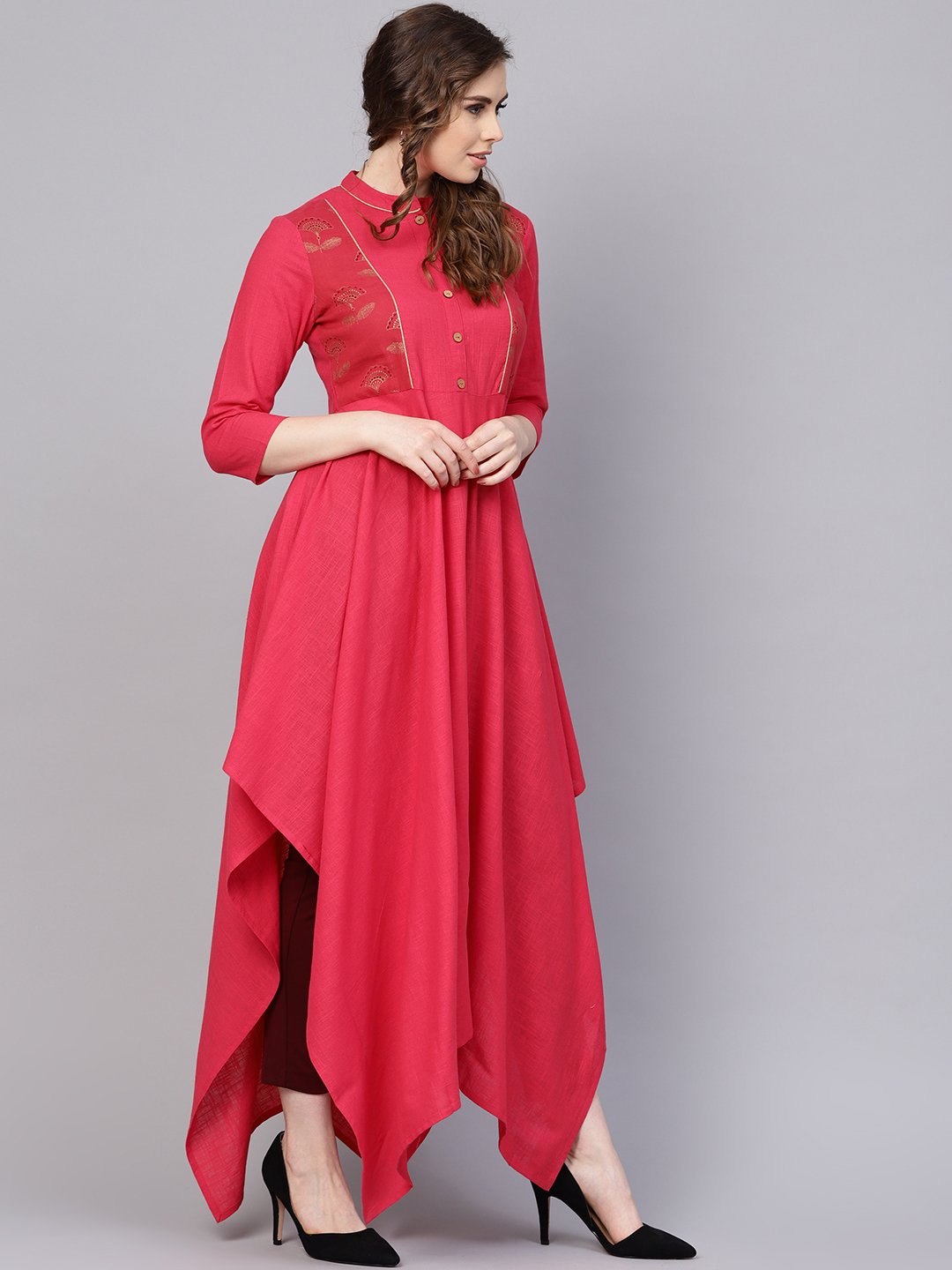 Women's Cotton Fushia Pink Asyemmetric Kurta With Madarin Collar & 3/4 Sleeves - Nayo Clothing