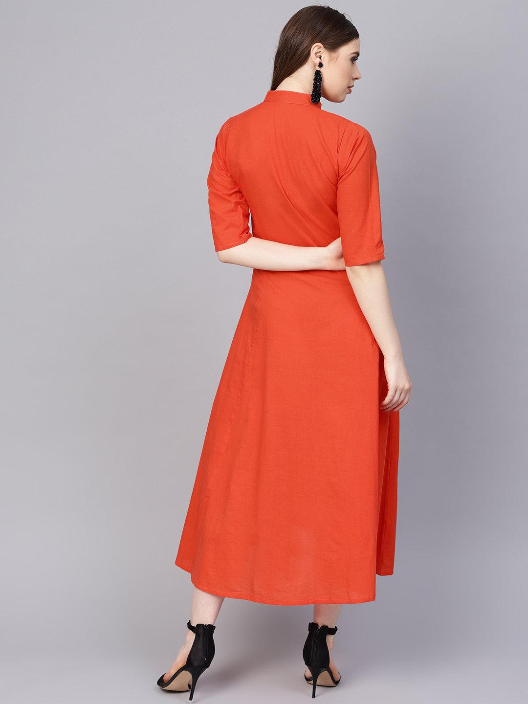 Women's Solid Orange Maxi Dress With Madarin Collar & 3/4 Sleeves - Nayo Clothing
