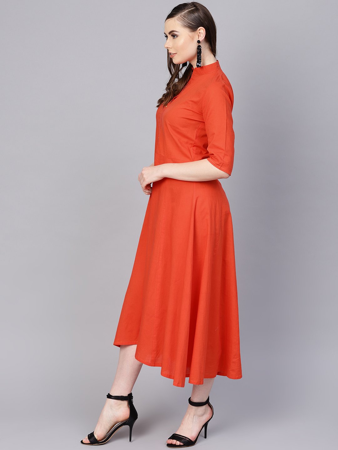 Women's Solid Orange Maxi Dress With Madarin Collar & 3/4 Sleeves - Nayo Clothing