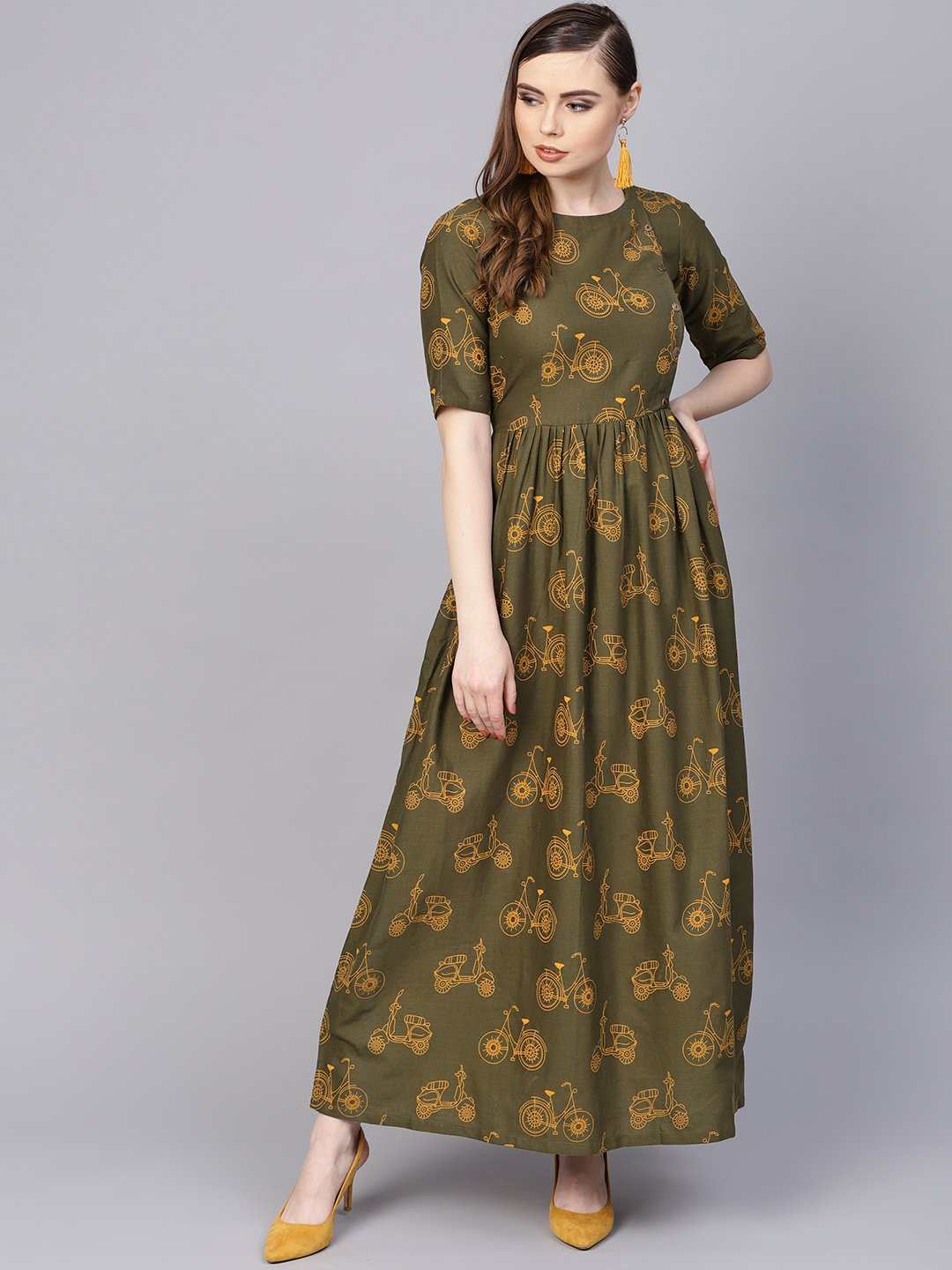 Women's Military Green Printed Maxi Dress With Side Shoulder Placket With Half Sleeves - Nayo Clothing