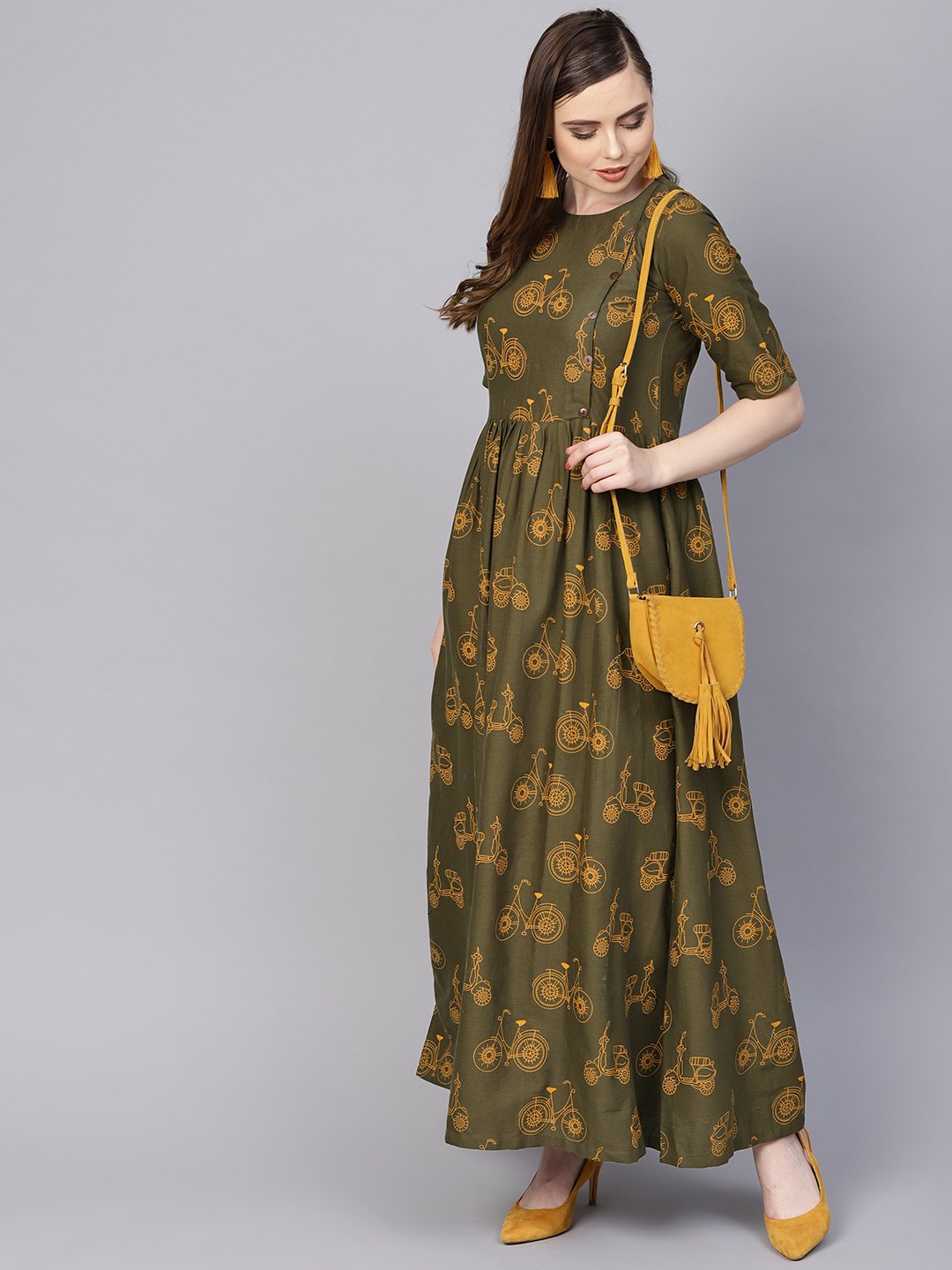 Women's Military Green Printed Maxi Dress With Side Shoulder Placket With Half Sleeves - Nayo Clothing
