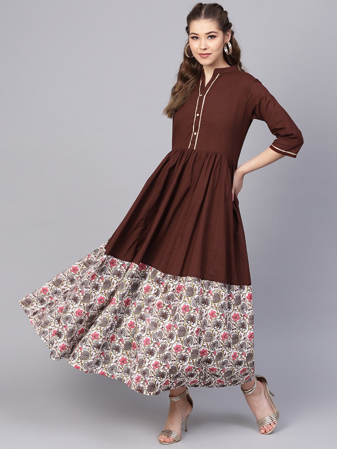 Women's Dark Brown Maxi Dress  With Printed Border & Front Placket With Madarin Collar - Nayo Clothing