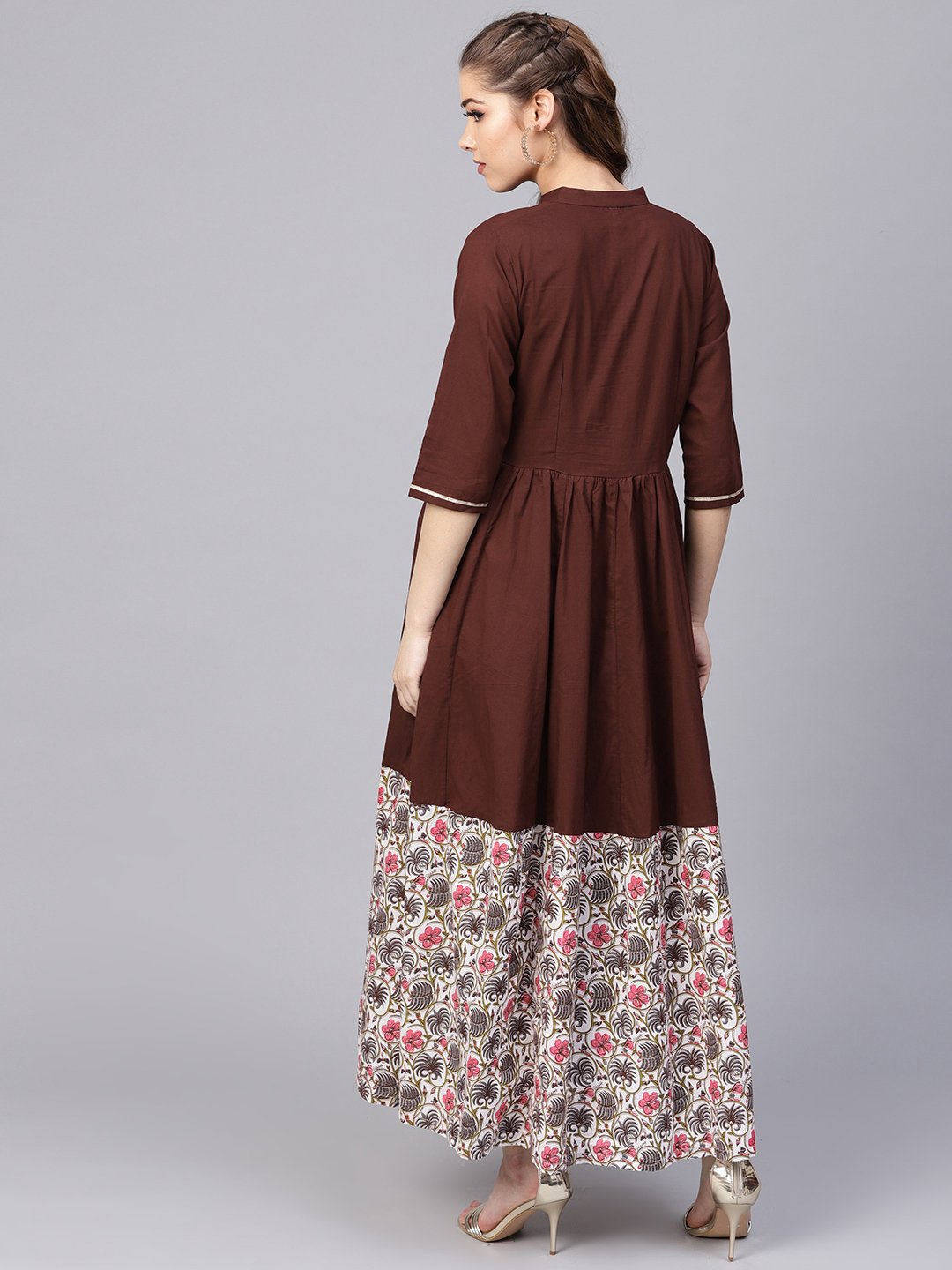 Women's Dark Brown Maxi Dress  With Printed Border & Front Placket With Madarin Collar - Nayo Clothing