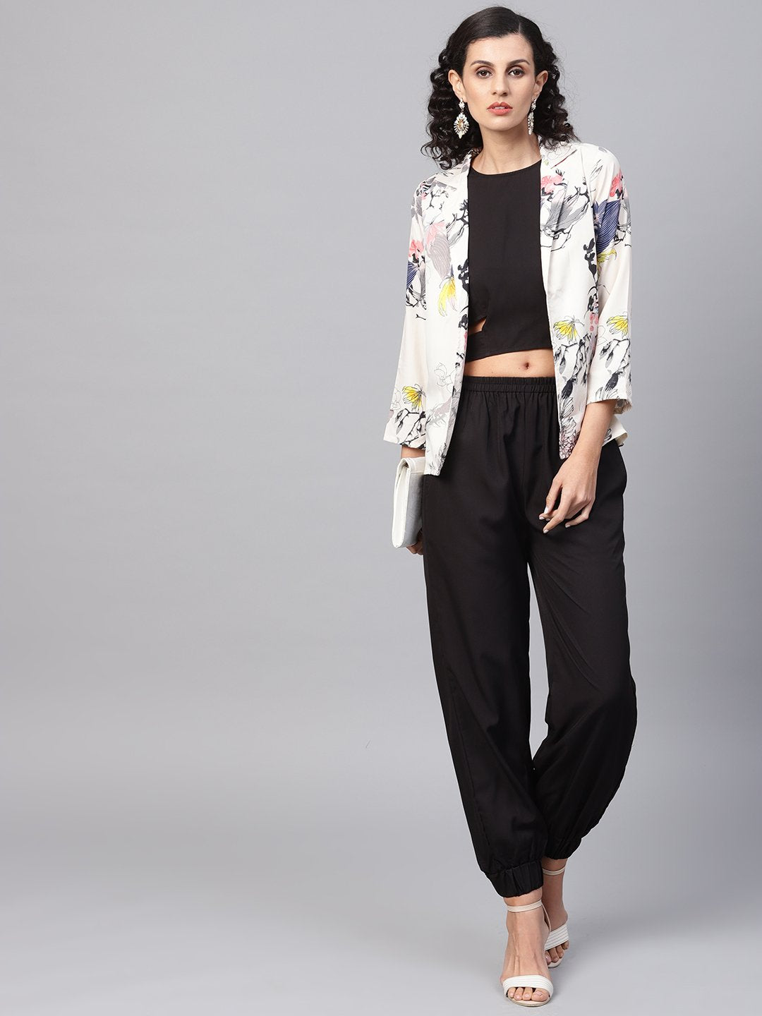 Women's Solid Black Tops And Palazzo With Cream Floral Printed Jacket - Nayo Clothing