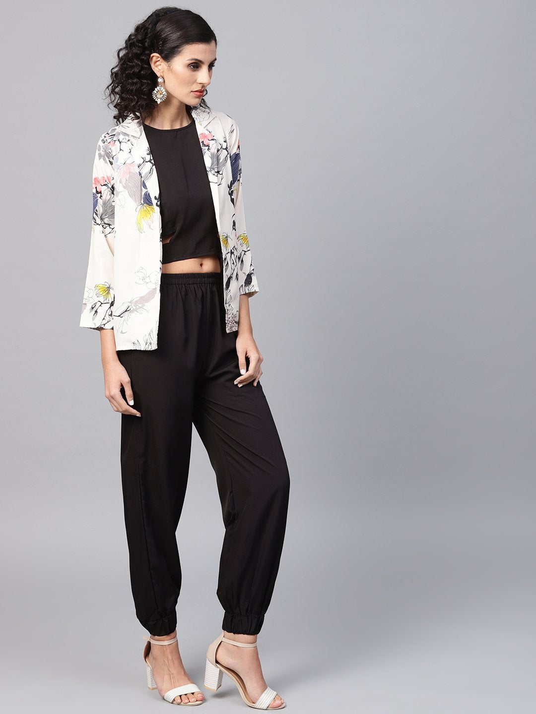 Women's Solid Black Tops And Palazzo With Cream Floral Printed Jacket - Nayo Clothing