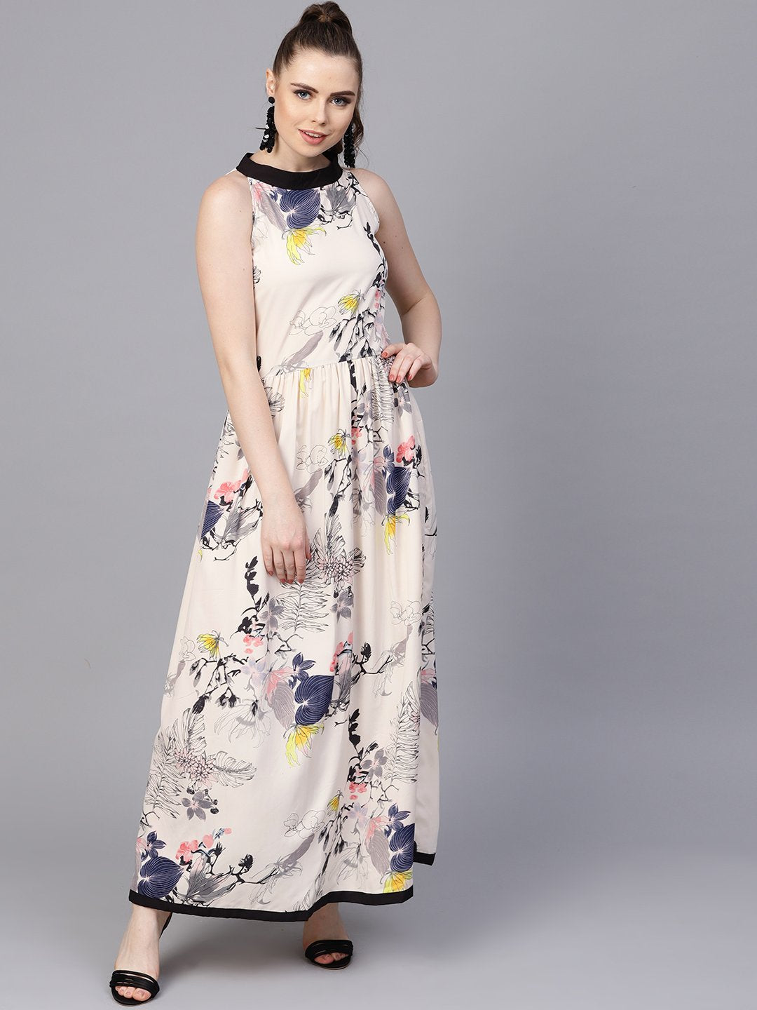 Women's Cream Floral Sleeveless Printed Maxi Dress - Nayo Clothing