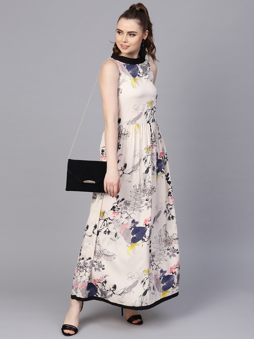 Women's Cream Floral Sleeveless Printed Maxi Dress - Nayo Clothing