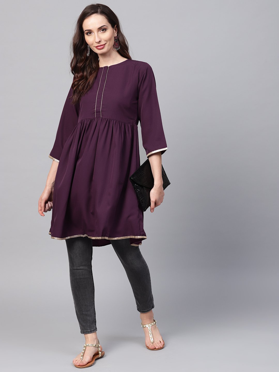 Women's Solid Burgundy Tunic Emblished With Gota & 3/4 Sleeves - Nayo Clothing