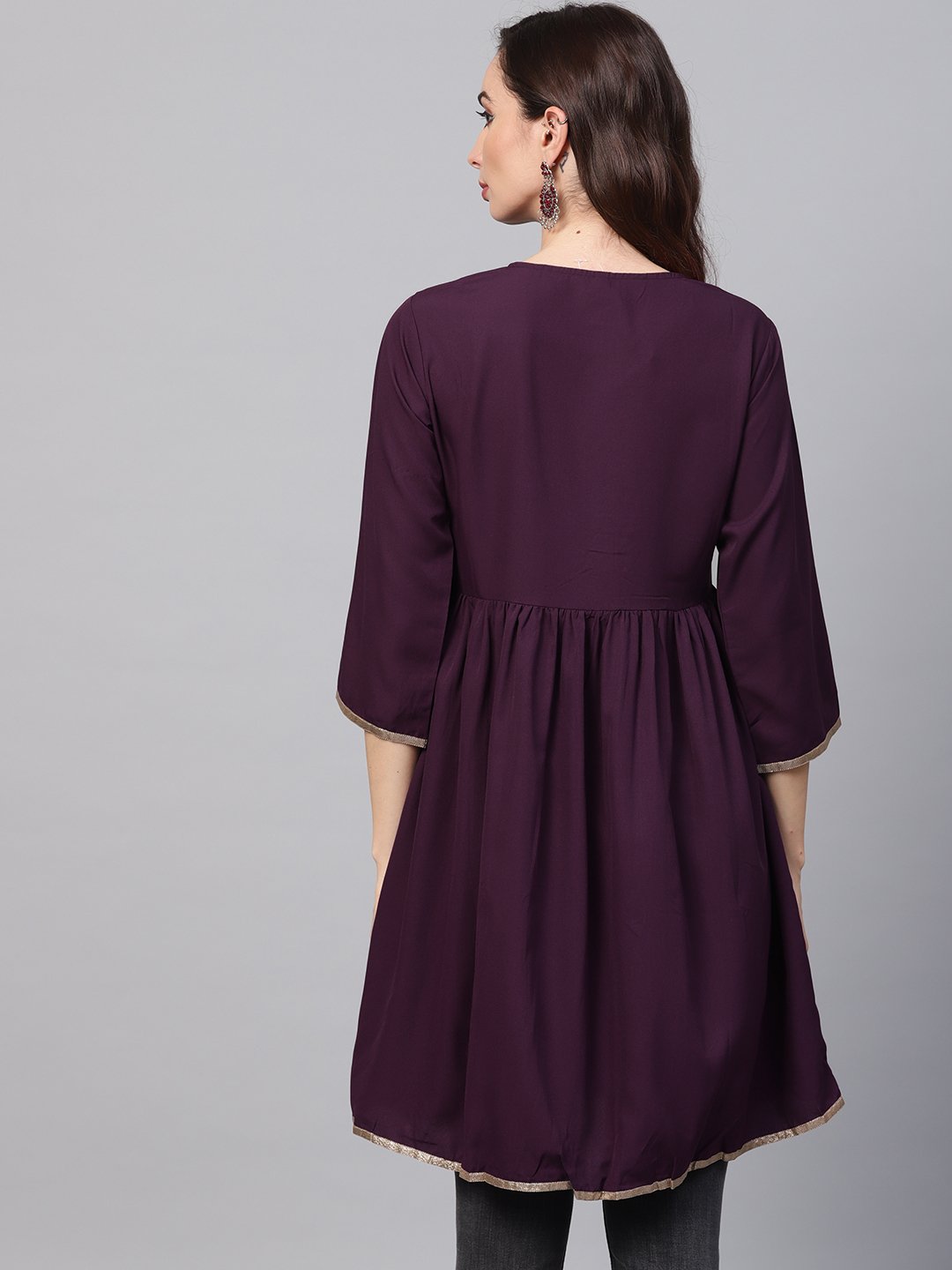 Women's Solid Burgundy Tunic Emblished With Gota & 3/4 Sleeves - Nayo Clothing