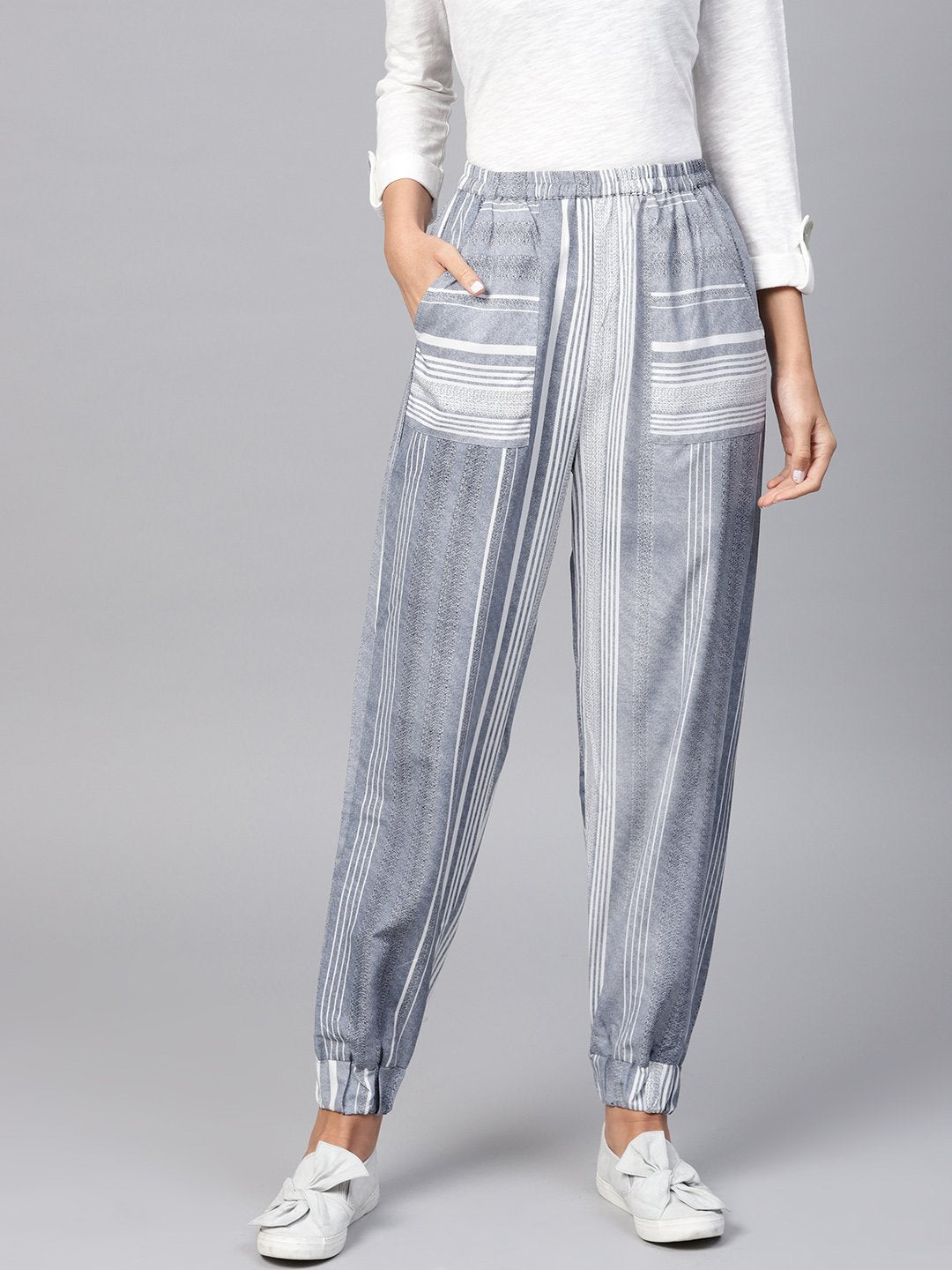 Women's Grey Striped Ankle Length Jogger With Elastic Band - Nayo Clothing