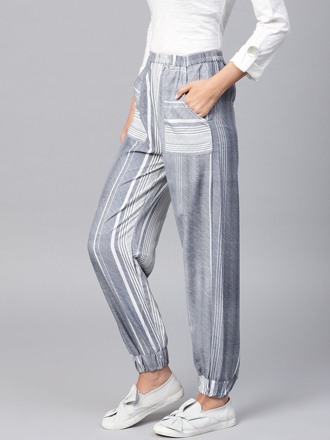 Women's Grey Striped Ankle Length Jogger With Elastic Band - Nayo Clothing